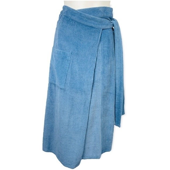Deer and Flyer Light Blue Corduroy High Waist Cargo Utility Midi Wrap Skirt M - Picture 2 of 16